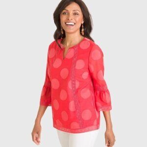 Chico's Lace Trim Dot Texture 3/4 Bell Sleeve Woven Blouse Size Small